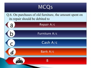 Q.6. On purchases of old furniture, the amount spent on
its repair should be debited to
Repair A/c
Furniture A/c
Cash A/c
Bank A/c
B
 