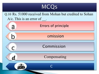 Q.10 Rs. 51000 received from Mohan but credited to Sohan
A/c. This is an error of __.
Errors of principle
Omission
Commission
Compensating
C
 