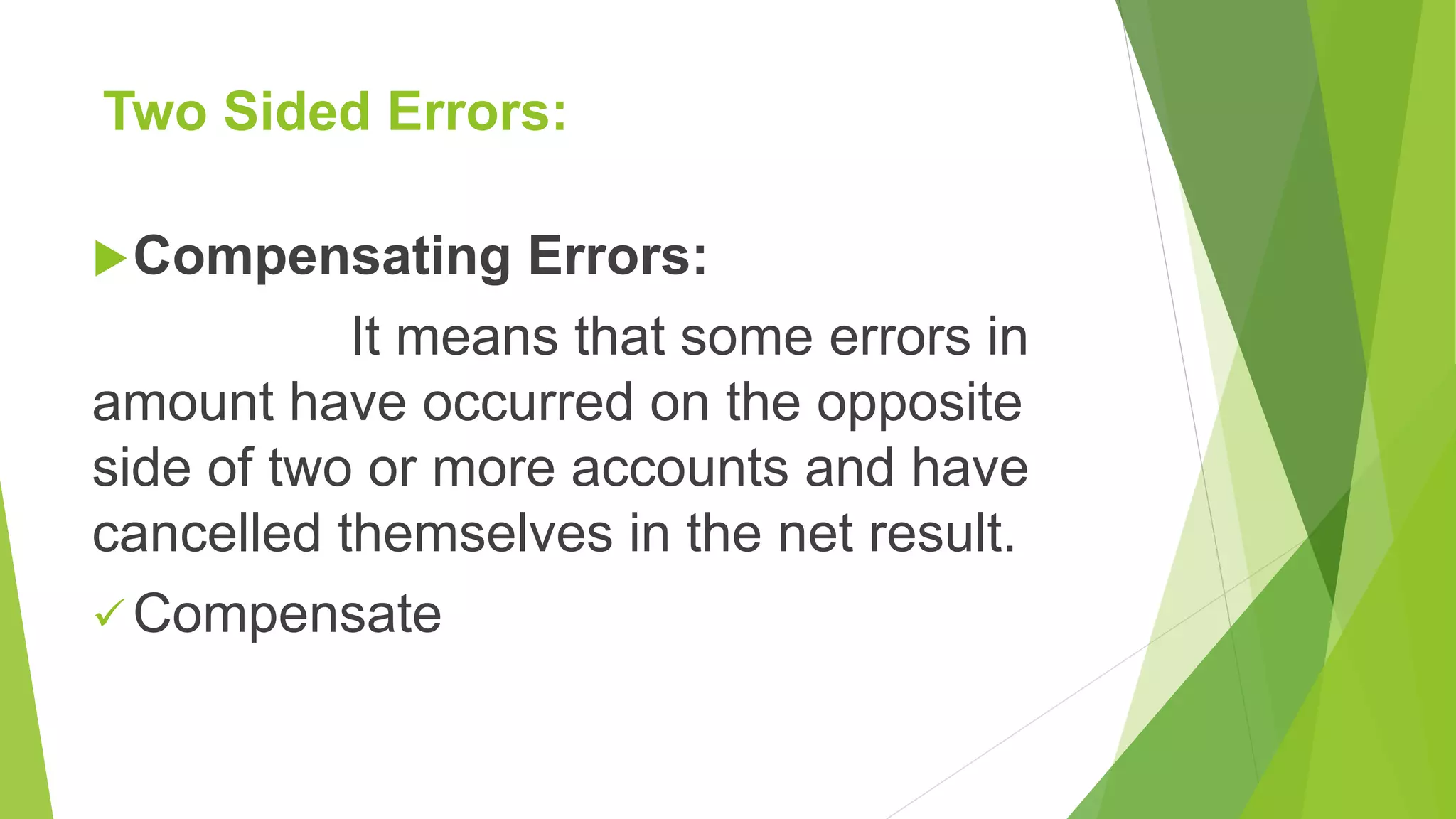 Two Sided Errors:
Compensating Errors:
It means that some errors in
amount have occurred on the opposite
side of two or more accounts and have
cancelled themselves in the net result.
 Compensate
 