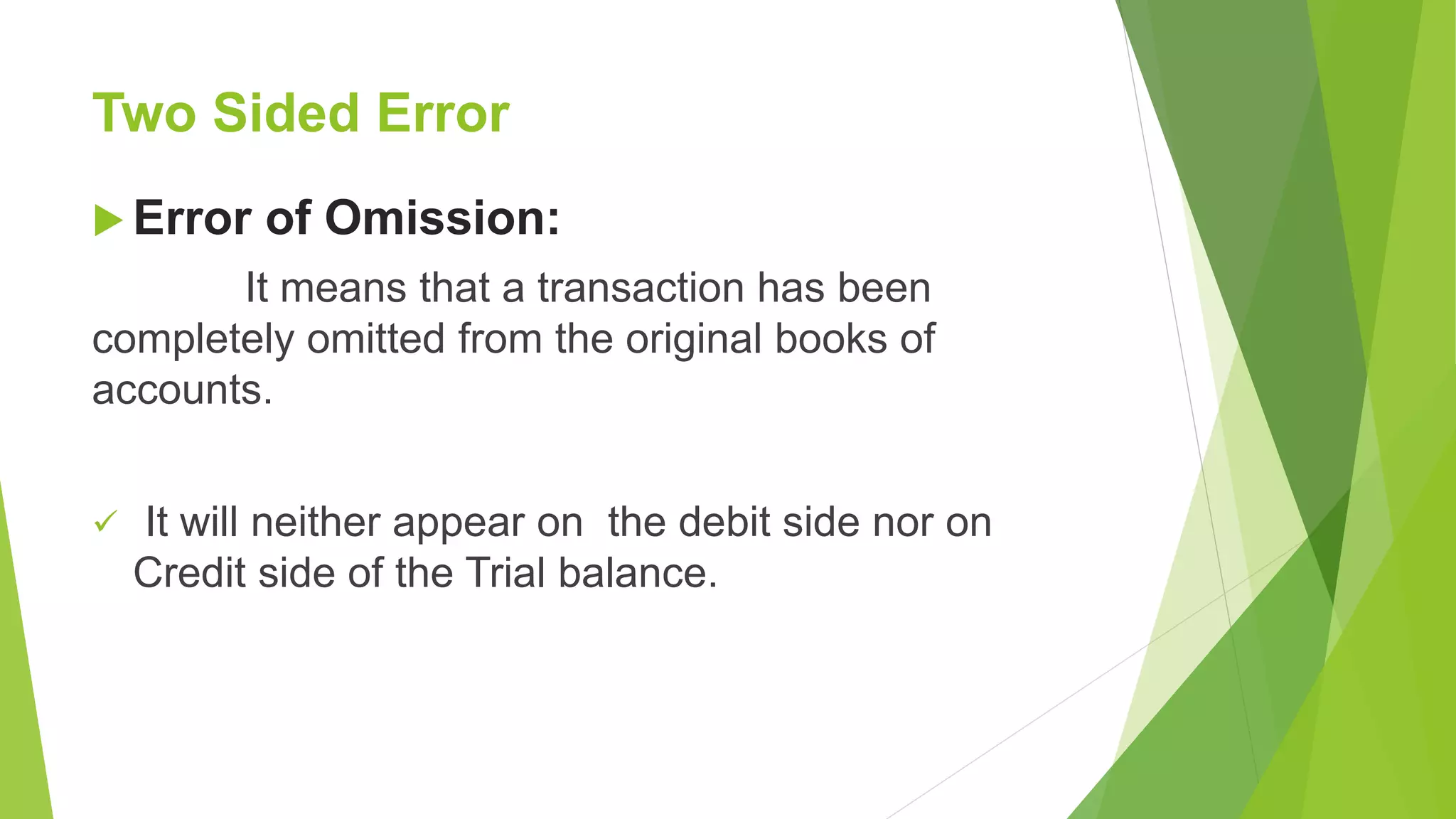 Two Sided Error
 Error of Omission:
It means that a transaction has been
completely omitted from the original books of
accounts.
 It will neither appear on the debit side nor on
Credit side of the Trial balance.
 