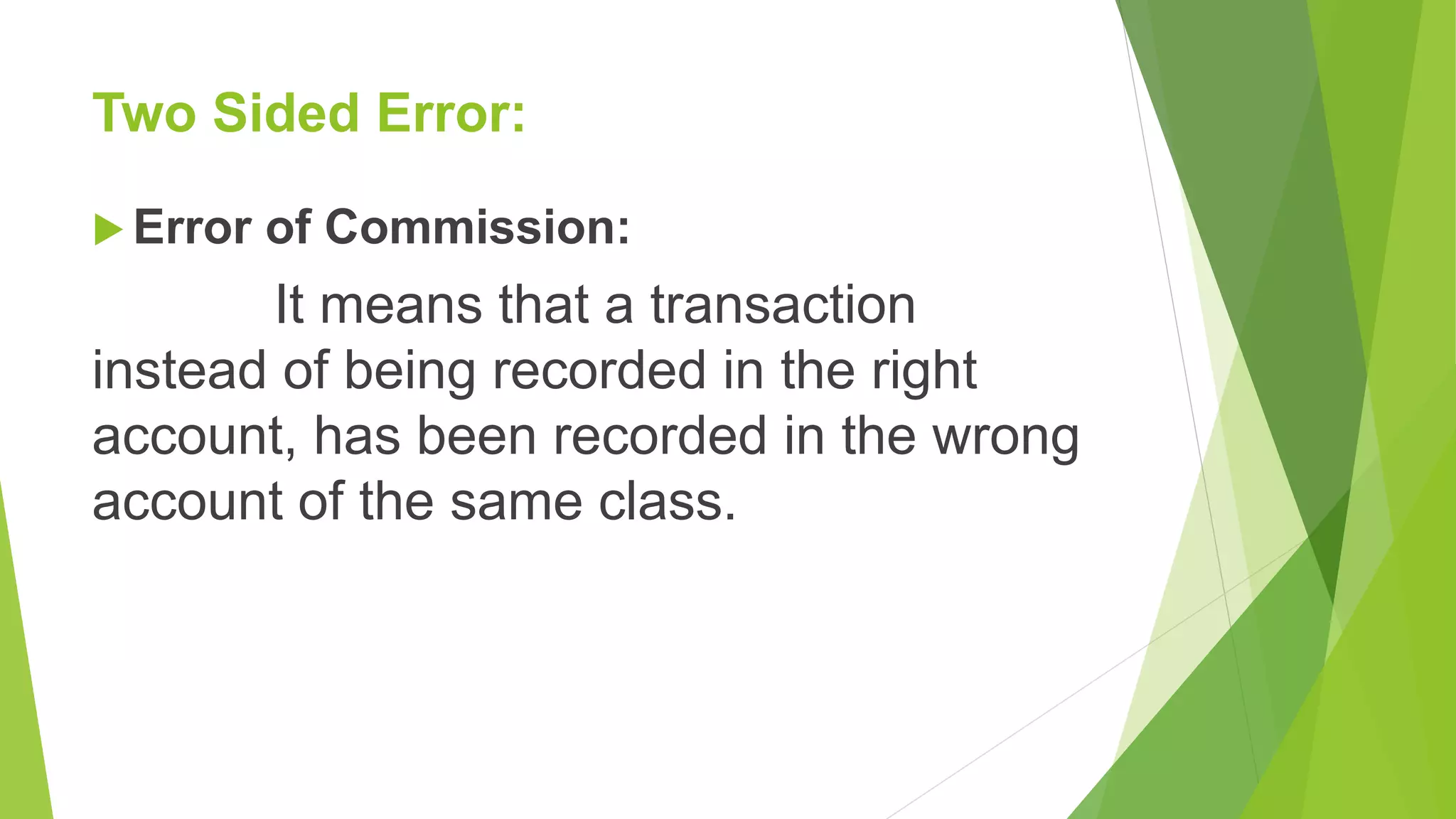 Two Sided Error:
 Error of Commission:
It means that a transaction
instead of being recorded in the right
account, has been recorded in the wrong
account of the same class.
 