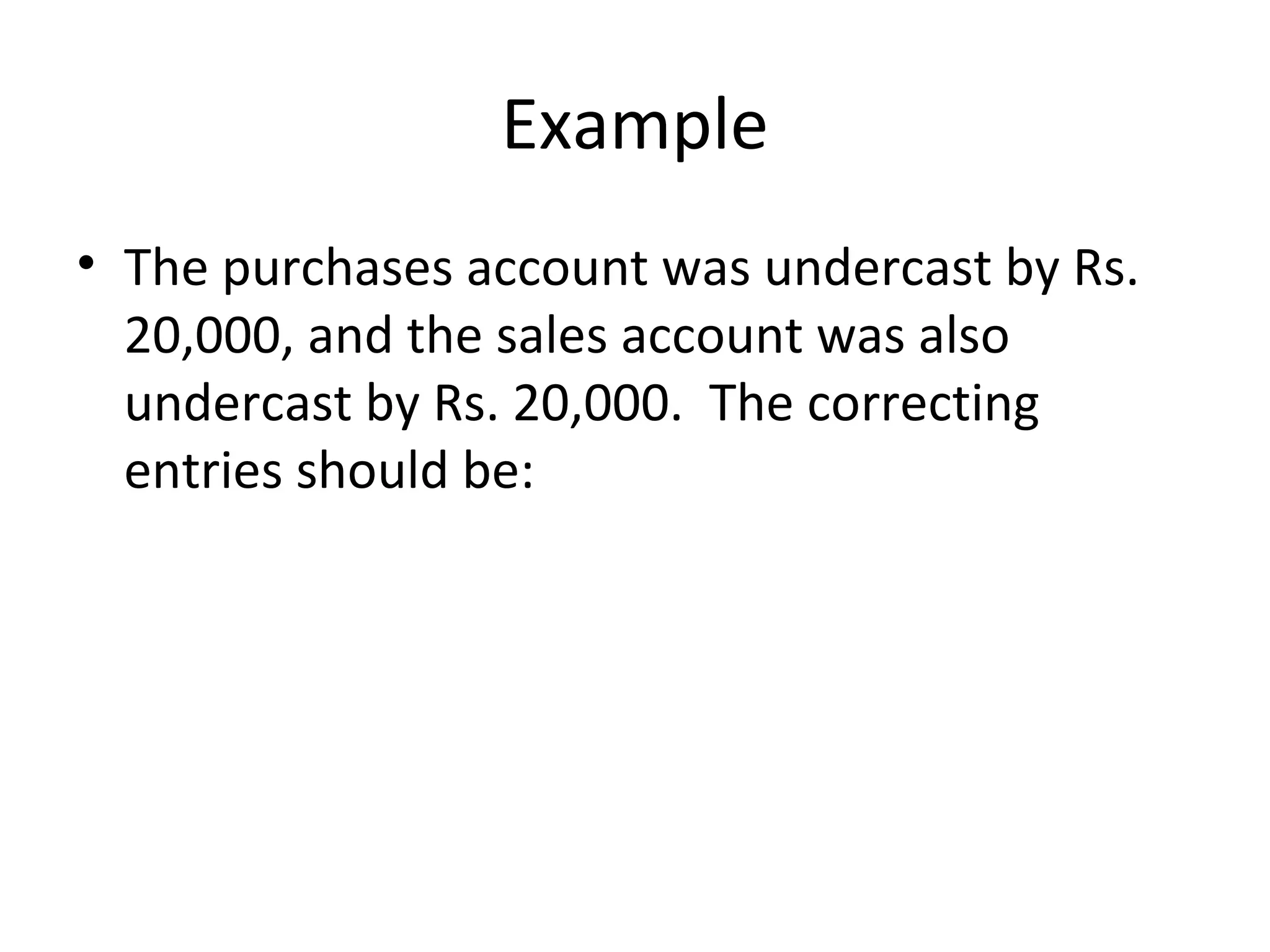 Example
• The purchases account was undercast by Rs.
20,000, and the sales account was also
undercast by Rs. 20,000. The correcting
entries should be:
 