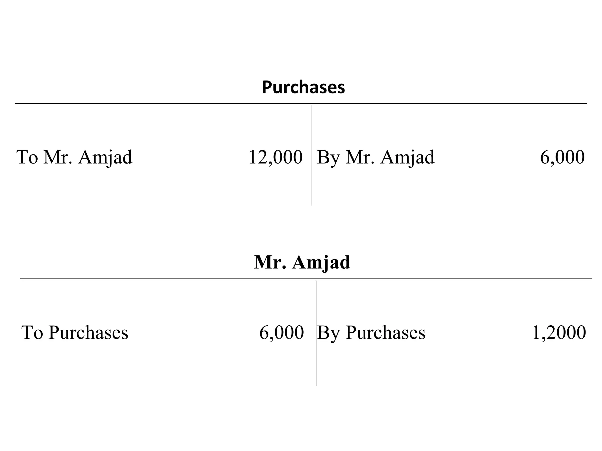 To Mr. Amjad 12,000
Purchases
By Mr. Amjad 6,000
To Purchases 6,000
Mr. Amjad
By Purchases 1,2000
 