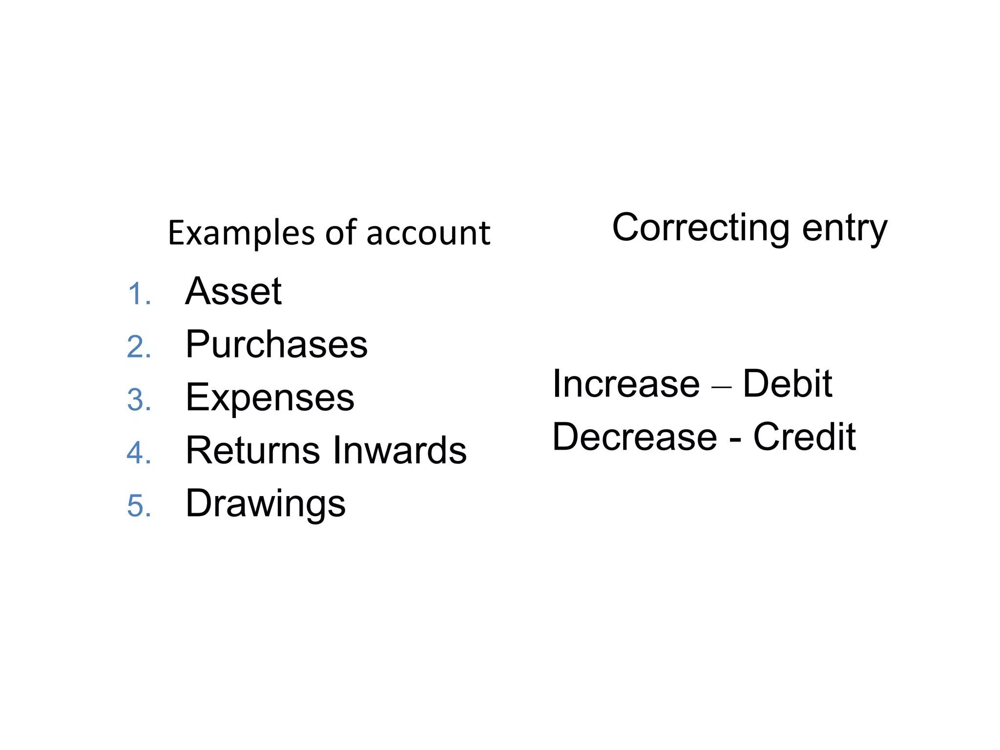 Correcting entry
1. Asset
2. Purchases
3. Expenses
4. Returns Inwards
5. Drawings
Increase – Debit
Decrease - Credit
Examples of account
 