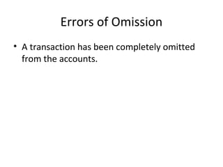 Errors of Omission
• A transaction has been completely omitted
from the accounts.
 