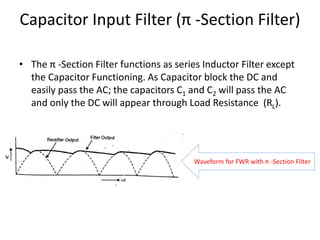 Capacitor Input Filter (π -Section Filter)
• The π -Section Filter functions as series Inductor Filter except
the Capacitor Functioning. As Capacitor block the DC and
easily pass the AC; the capacitors C1 and C2 will pass the AC
and only the DC will appear through Load Resistance (RL).
Waveform for FWR with π -Section Filter
 