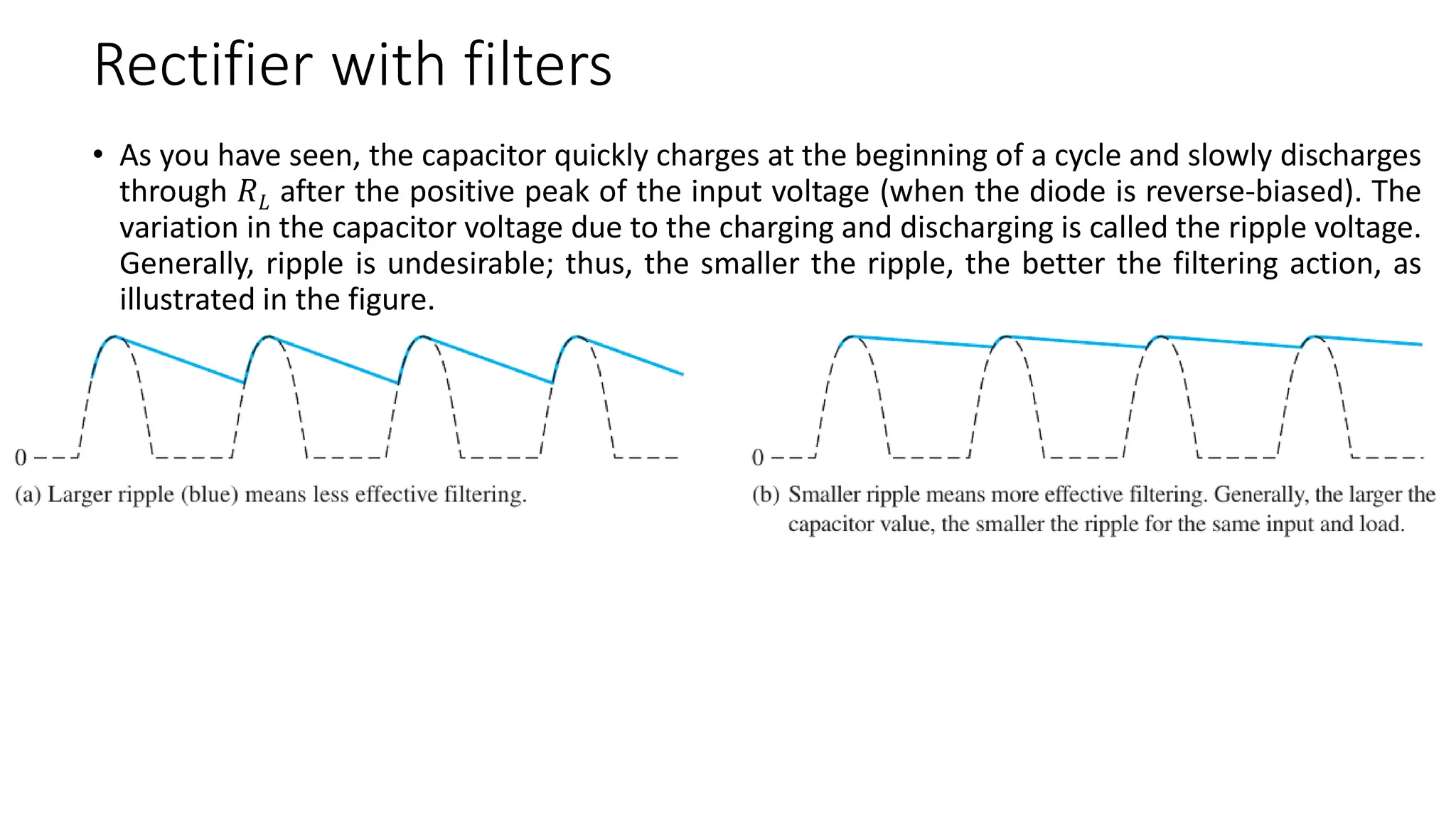 Rectifier with filters
• As you have seen, the capacitor quickly charges at the beginning of a cycle and slowly discharges
through 𝑅𝐿 after the positive peak of the input voltage (when the diode is reverse-biased). The
variation in the capacitor voltage due to the charging and discharging is called the ripple voltage.
Generally, ripple is undesirable; thus, the smaller the ripple, the better the filtering action, as
illustrated in the figure.
 