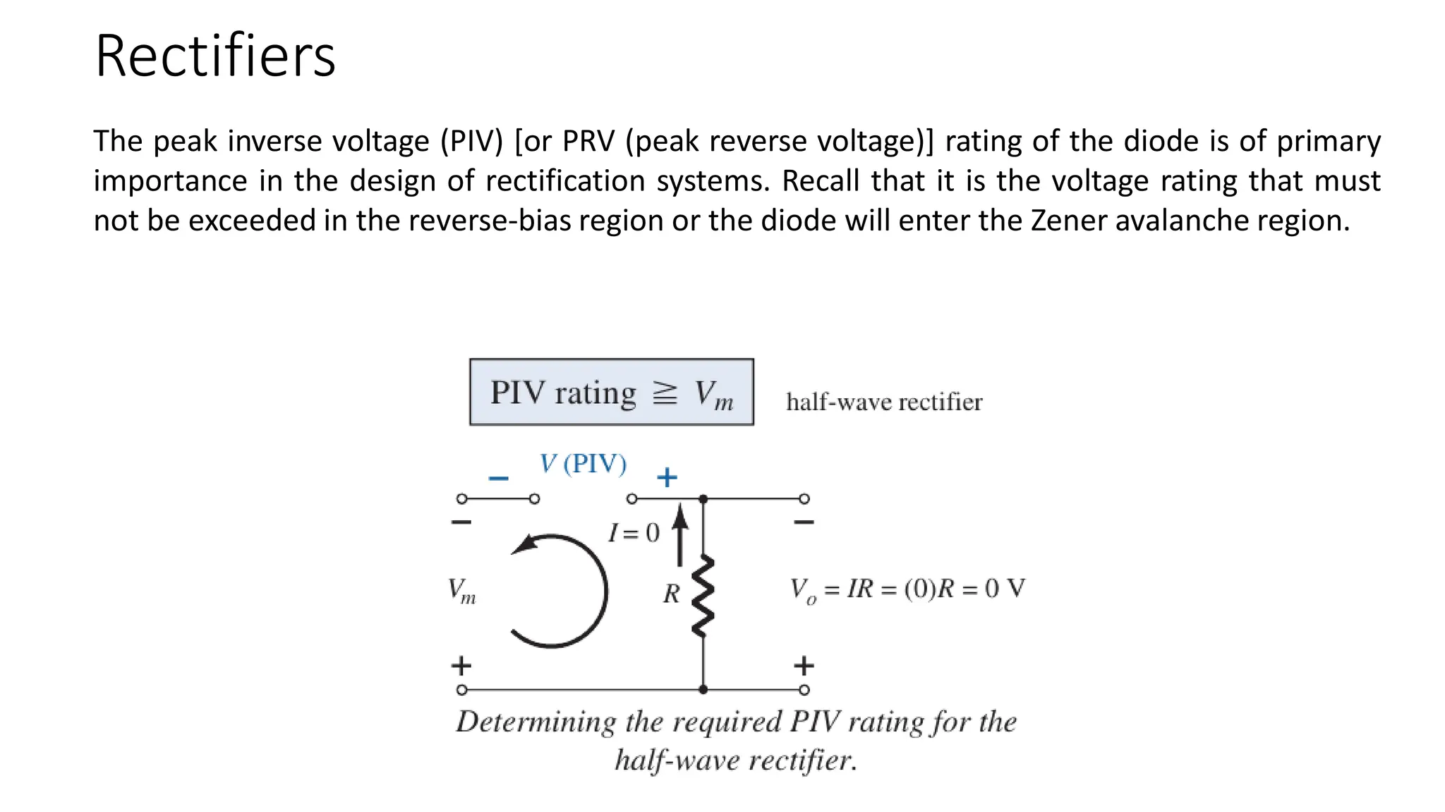 Rectifiers
The peak inverse voltage (PIV) [or PRV (peak reverse voltage)] rating of the diode is of primary
importance in the design of rectification systems. Recall that it is the voltage rating that must
not be exceeded in the reverse-bias region or the diode will enter the Zener avalanche region.
 