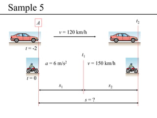 Sample 5
t2

A
v = 120 km/h
t = -2
t1
a = 6 m/s2

v = 150 km/h

t=0
s1

s2
s=?

 