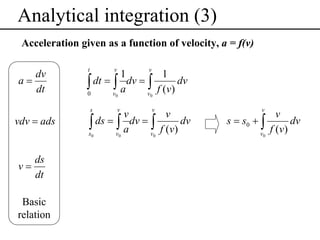 Analytical integration (3)
Acceleration given as a function of velocity, a = f(v)
dv
a=
dt

t

v

s

vdv = ads

ds
v=
dt

Basic
relation

v

1
1
∫ dt = v∫ a dv = v∫ f (v) dv
0
0
0
v

v

v
v
∫ ds = v∫ a dv = v∫ f (v) dv
s0
0
0

v

s = s0 + ∫
v0

v
dv
f (v )

 