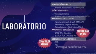 LABORATORIO
HEMATOLOGÍA COMPLETA
Anemia, leucocitosis, trombocitosis
QUÍMICA SANGUÍNEA
Hipoalbuminemia.
Pruebas de funcionamiento hepático: CEP
MARCADORES INFECCIOSOS
E Escherichia coli (E. coli O157:H7),
Salmonella, Shigella, Yersinia,
Campylobacter, Clostridium difficile.
MARCADORES SEROLÓGICOS
ASCA: 1% (Negativo -)
p-ANCA: 70% (Positivo +)
MARCADORES INFLAMATORIOS
PCR
VSG
LACTOFERRINA, CALPROTECTINA FECAL
25% VALOR
NORMAL
1. Guía practica Clínica Venezolana sobre Enfermedad inflamatoria intestinal. 2013
SENSIBILIDAD
55,3%
 