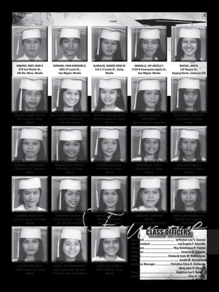 Four-oneClass OfficerS
President ................................... Jefferson Lee V. Cuevas
Vice President.................................Joy Angela T. Amarille
Secretary.................................. May Dominique P. Timbol
Treasurer............................................ Georcia A. Eugenio
Auditor................................ Kimberly Kate M. Ballesteros
PRO................................................. Jerald M. Barrientos
Business Manager.................. Christine Erica S. Ordinario
Rhey John P. Sibayan
Muse........................................... Angelica Joy V. Betuing
Escort........................................................ Gino O. Javier
Sibayan, Rhey John P.
670 San Martin St.,
Old Sta. Mesa, Manila
Soriano, John Kennard D.
1801 JP Laurel St.,
San Miguel, Manila
Aliwalas, Dianne Rose M.
116 C-3 Loreto St., Samp.
Manila
Amarille, Joy Angela T.
1720-B Concepcion Aguila St.,
San Miguel, Manila
Bacsal, Jein B.
142 Reparo St.,
Bagong Barrio, Caloocan City
Balanay, Jasmin Rose B.
66-J Loreto St., Samp.
Manila
Ballesteros, Kimberly Kate M.
2448 Felix Huertas St.,
Sta. Cruz, Manila
Betuing, Angelica Joy V.
1297 Lavanderos St., Samp.
Manila
Canlas, Michelle
Angelique S.
250 V.G. Cruz St., Samp. Mla.
Dalawampu, Jenefer P.
1123 Basillo St., Samp,
Manila
Domecillo, Irene Rose F.
462 Amelia St., Sampaloc
Manila
Domingo, Ma. Teresa V.
619 Sulucan St., Samp.
Manila
Eugenio, Georcia A.
838 Carola St., Samp.
Manila
Federizo, Gila Vee A.
543 Miguelin St., Samp.
Manila
Jaso, Mary Grace S.
998-D San Andres, Malate
Manila
Lagrama, Josephine C.
335 M.F. Jhocson St., Samp.
Manila
Lapasaran, Winilyn M.
#2 MEQ Aciete St., Nagtahan
Rd., Sta. Mesa Manila
Soleta, Marinell A.
1539 G. Tuazon St., Samp.
Manila
Timbol, May Dominique P.
2113 Laperal Apt. Rm. 305,
C.M. Recto Ave., Samp Manila
Opinion, Joena Lyn U.
381 Int. Minerva St.,
San Miguel, Manila
Ordinario, Christine
Erica S.
834 Carola St., Samp. Manila
Reyes, Anna Marielle C.
185 E.M. Dela Fuente St.,
Samp. Manila
Tizon, Shiela Mae L.
1503 Loreto St., Samp.
Manila
 