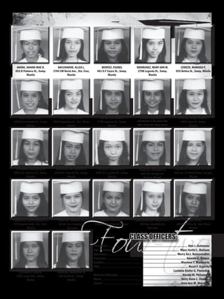 Four-twoClass Officers
President ........................................................................................... Alex J. Guinanao
Vice President............................................................................ Marc Justin L. Barlaan
Secretary................................................................................ Merry An I. Roncesvalles
Treasurer............................................................................................Swawie C. Ramos
Auditor.........................................................................................Marrenn T. Mamporte
PRO..................................................................................................... Rezel F. Espiritu
		 Lordmin Giefer U. Panindim
Business Manager......................................................................... Harold M. Peñamora
Muse...........................................................................................Nerry Rose L. Jimenez
Escort..........................................................................................Aron Ace M. Mendoza
Araña, Shaira Mae R.
453-D Palmera St., Samp.
Manila
Bacunador, Allea L.
1749 CM Recto Ave., Sta. Cruz,
Manila
Benitez, Esabel
461 G-F Cayco St., Samp.
Manila
Bermudez, Mary Ann M.
2708 Legarda St., Samp.
Manila
Cerezo, Marissa P.
925 Betina St., Samp. Manila
Daprosa, Ann A.
1228 San Antonio St., Samp.
Manila
Espiritu, Rezel F.
3065 Nagtahan St., Sta. Mesa,
Manila
Gapuz, Marissa N.
2708 Legarda St., Samp.
Manila
Hilario, Aldrene S.
B14 L39 Villia 1, San Mateo Rizal
459 J. Marzan St., SAmp, Manila
Jimenez, Nerry Rose L.
1093 Leyte St., Samp.
Manila
Lepasana, Rachelle B.
626-A.H. Ventura St., Samp.
Manila
Miranda, Ma. Eunice B.
352 M.F. Jhocson St., Samp.
Manila
Palalay, Charlene S.
1387 S.H. Loyola St., Samp.
Manila
Pandian, Rosemae D.
4(E) 913 Arlegui St.,
Quiapo, Manila
Panimdim, Lordmin Giefer U.
942 Int. 14 Bilibid Viejo, Quiapo,
Manila
Paraguya, Lieca Lalaine G.
975 Quezon Blvd., Sta. Cruz,
Manila
Pascual, Anjanette D.
15 Int. San Joaquin St.,
San Juan
Rutaquio, Lyka M.
2321 Luzon Ave., Samp.
Manila
Timbang, Marjorie W.
610 Felina St., Samp.
Manila
Ramos, Swawie C.
768 Dos Castillas St., Samp.
Manila
Roncesvalles, Merry-An L.
436 Gen. Bautista St.,
San Juan
Roxas, Ivy M.
286-C de Dios St., Sta. Mesa
Manila
 