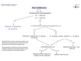 Historia familiar de cáncer colorrectal o pólipos en un
familiar de primer grado menor de 60 años o en dos
familiares de primer grado de cualquier edad.
Historia familiar de síndromes de cáncer colorrectal
hereditario (poliposis adenomatosa familiar y cáncer
colorrectal hereditario no asociado a pólipos).
 