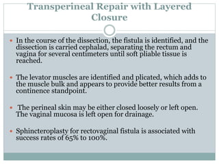 Transperineal Repair with Layered
Closure
 In the course of the dissection, the fistula is identified, and the
dissection is carried cephalad, separating the rectum and
vagina for several centimeters until soft pliable tissue is
reached.
 The levator muscles are identified and plicated, which adds to
the muscle bulk and appears to provide better results from a
continence standpoint.
 The perineal skin may be either closed loosely or left open.
The vaginal mucosa is left open for drainage.
 Sphincteroplasty for rectovaginal fistula is associated with
success rates of 65% to 100%.
 
