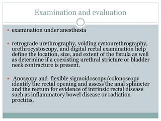 Examination and evaluation
 examination under anesthesia
 retrograde urethrography, voiding cystourethrography,
urethrocystoscopy, and digital rectal examination help
define the location, size, and extent of the fistula as well
as determine if a coexisting urethral stricture or bladder
neck contracture is present.
 Anoscopy and flexible sigmoidoscopy/colonoscopy
identify the rectal opening and assess the anal sphincter
and the rectum for evidence of intrinsic rectal disease
such as inflammatory bowel disease or radiation
proctitis.
 