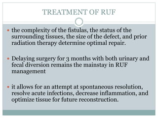 TREATMENT OF RUF
 the complexity of the fistulas, the status of the
surrounding tissues, the size of the defect, and prior
radiation therapy determine optimal repair.
 Delaying surgery for 3 months with both urinary and
fecal diversion remains the mainstay in RUF
management
 it allows for an attempt at spontaneous resolution,
resolve acute infections, decrease inflammation, and
optimize tissue for future reconstruction.
 