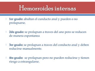 

1er grado: abultan el cunducto anal y pueden o no
prolapsarse.



2do grado: se prolapsan a traves del ano pero se reducen
de manera espontanea



3er grado: se prolapsan a traves del conducto anal y deben
reducirse manualmente.



4to grado: se prolapsan pero no pueden reducirse y tienen
riesgo a estrangularse.

 