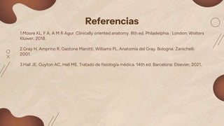 Referencias
1.Moore KL, F A, A M R Agur. Clinically oriented anatomy. 8th ed. Philadelphia ; London: Wolters
Kluwer; 2018.
2.Gray H, Amprino R, Gastone Marotti, Williams PL. Anatomia del Gray. Bologna: Zanichelli;
2001.
3.Hall JE, Guyton AC, Hall ME. Tratado de fisiología médica. 14th ed. Barcelona: Elsevier; 2021.
 