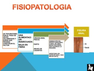 UN TRAUMATISMO
POR EL PASO DE
HECES
VOLUMINOSAS Y
DURAS QUE
PRODRIA
CONSTIRUIR EL
FACTOR
UNA
ALIMENTACI
ON
INADECUADA
BAJA EN
FIBRA
CIRUGIA ANAL
PREVIA
PARTO
ABUSO DE
LAXANTES
DISMINUCIÓN DEL
APORTE SANGUÍNEO
A NIVEL DE LÍNEA
MEDIA POSTERIOR
QUE FAVORECE LA
ISQUEMIA.
HIPERTONÍA DEL
ESFÍNTER ANAL.( MAS
IMPORTANTE).
FISURA
ANAL
 