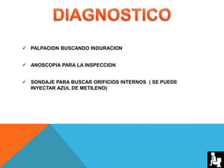  PALPACION BUSCANDO INDURACION
 ANOSCOPIA PARA LA INSPECCION
 SONDAJE PARA BUSCAR ORIFICIOS INTERNOS ( SE PUEDE
INYECTAR AZUL DE METILENO)
 