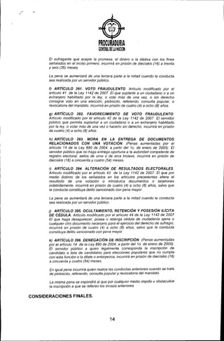 .'
) «
PROCURADURIA
GENERAl BElA NACION
El sufragante que acepte la promesa, el dinero o la dádiva con los fines
señalados en el inciso primero, incurrirá en prisión de dieciséis (16) a treinta
y seis (36) meses,
La pena se aumentará de una tercera parte a la mitad cuando la conducta
sea realizada por un servidor público,
f) ARTíCULO. 391. Vo.To. FRAUDULENTO. Articulo modificado por el
articulo 41 de la Ley 1142 de 2007, El que suplante a un ciudadano o a un
extranjero habilitado por la ley, o vote más de una vez, o sin derecho
consigne voto en una elección, plebiscito, referendo, consulta popular, o
revocatoria del mandato, incurrirá en prisión de cuatro (4) a ocho (8) años,
g) ARTíCULO. 392. FA Vo.RECIMIENTO DE Vo.TO FRAUDULENTO.
Artículo modificado por el articulo 42 de la Ley 1142 de 2007, El servidor
público que permita suplantar a un ciudadano o a un extranjero habilitado
por la ley, o votar más de una vez o hacerlo sin derecho, incurrirá en prisión
de cuatro (4) a ocho (8) años,
h) ARTíCULO. 393, MaRA EN LA ENTREGA DE Do.CUMENTOS
RELAClo.NADo.s CaN UNA Vo.TACIÓN. (Penas aumentadas por el
articulo 14 de la Ley 890 de 2004, a partir del 10, de enero de 2005), El
servidor público que no haga entrega oportuna a la autoridad competente de
registro electoral, sellos de urna o de arca trlclave, incurrirá en prisión de
dieciséis (16) a cincuenta y cuatro (54) meses.
í) ARTíCULO. 394. ALTERACIÓN DE RESULTADaS ELECTORALES.
Artículo modificado por el articulo 43 de la Ley 1142 de 2007. El que por
medio distinto de los señalados en los artículos precedentes altere el
resultado de una votación o introduzca documentos o tarjetones
indebidamente, incurrirá en prísión de cuatro (4) a ocho (8) años, salvo que
la conducta constituya delito sancionado con pena mayor.
La pena se aumentará de una tercera parte a la mitad cuando la conducta
sea realizada por un servidor público.
j) ARTícULO 395. o.CULTAMIENTO, RETENCIÓN y Po.SEStÓN tLíCITA
DE CÉDULA. Artículo modificado por el articulo 44 de la Ley 1142 de 2007
El que haga desaparecer, posea o retenga cédula de ciudadanía ajena o
cualquier otro documento necesario para el ejercicio del derecho de sufragio,
incurrirá en prisión de cuatro (4) a ocho (8) años. satvo que la conducta
constituya de tito sancionado con pena mayor.
k) ARTíCULO. 396. DENEGACIÓN DE INSCRIPCIÓN. (Penas aumentadas
por el artículo 14 de la Ley 890 de 2004. a partir del 10 de enero de 2005).
El servidor púbtico a quien legalmente corresponda la inscripción de
candidato o lista de candidatos para etecciones populares que no cumpla
con esta función o la dilate o entorpezca, incurrirá en prisión de dieciséis (16)
a cincuenta y cuatro (54) meses.
En igual pena incurrirá quien realice las conductas anteriores cuando se trate
de plebiscito, referendo, consulta popular y revocatoria del mandato.
La misma pena se impondrá al que por cualquier medio impida u obstaculice
la inscripción a que se refieren los incisos anteriores.
CONSIDERACIONES FINALES.
14
 