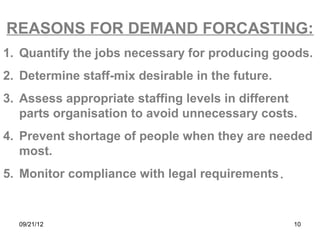 REASONS FOR DEMAND FORCASTING:
1. Quantify the jobs necessary for producing goods.
2. Determine staff-mix desirable in the future.
3. Assess appropriate staffing levels in different
   parts organisation to avoid unnecessary costs.
4. Prevent shortage of people when they are needed
   most.
5. Monitor compliance with legal requirements.


  09/21/12                                        10
 