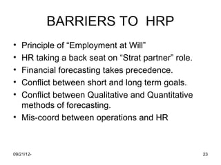 BARRIERS TO HRP
• Principle of “Employment at Will”
• HR taking a back seat on “Strat partner” role.
• Financial forecasting takes precedence.
• Conflict between short and long term goals.
• Conflict between Qualitative and Quantitative
  methods of forecasting.
• Mis-coord between operations and HR



09/21/12-                                          23
 