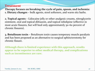 Treatment
Therapy focuses on breaking the cycle of pain, spasm, and ischemia:
1. Dietary changes – bulk agents, stool soft...