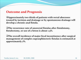 Outcome and Prognosis
   Approximately two thirds of patients with rectal abscesses
   treated by incision and drainage o...