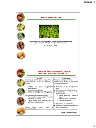 26/02/2010




                        APLICACIÓN DE LA CERA




      Aplicación de cera con fungicida que mejoran el aspecto de los limones
               por aumento de brillo y le da mayor vida de anaquel.

                              Fuente: Merino (2000)




                     VENTAJAS Y DESVENTAJAS DEL USO DE
                     CERAS EN LA CALIDAD DE CÍTRICOS

                 Ventajas                                   Desventajas
Control de la deshidratación: “stress” hídrico Afectan la fisiología del fruto.
como principal causa de deterioro en Factores que afectan la efectividad
cítricos:                                      de los recubrimientos:

   Pérdidas de peso, arrugamiento,                Variedad a la que se aplique la
   ablandamiento.                                 cera.
   Alteraciones fisiológicas.                     Condiciones de almacenamiento.
   Control de daño por frío: chilling injury.     Composición        de         las
                                                  formulaciones.
Control de alteraciones patológicas:               o Ceras solventes / ceras al
   Podredumbres causadas por Penicillum               agua.
   digitatum y P. italicum.                        o Tipos de ceras y/o resinas
   Puede actuar como vehículo para la              o Otros ingredientes
   aplicación de fungicidas.
                                                  Proporción de ingredientes.
                                                  Contenidos en sólidos totales de
Aporta     brillo:   efecto     sobre      la     las formulaciones.
comercialización.

                                                         Fuente: Pérez-Gago (2000)




                                                                                             15
 
