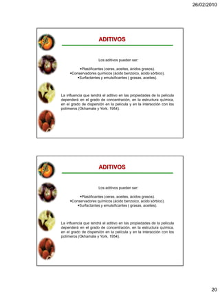 26/02/2010




                      ADITIVOS


                      Los aditivos pueden ser:

          Plastificantes (ceras, aceites, ácidos grasos).
     Conservadores químicos (ácido benzoico, ácido sórbico).
         Surfactantes y emulsificantes ( grasas, aceites).



La influencia que tendrá el aditivo en las propiedades de la película
dependerá en el grado de concentración, en la estructura química,
en el grado de dispersión en la película y en la interacción con los
polímeros (Okhamate y York, 1954).




                      ADITIVOS


                      Los aditivos pueden ser:

          Plastificantes (ceras, aceites, ácidos grasos).
     Conservadores químicos (ácido benzoico, ácido sórbico).
         Surfactantes y emulsificantes ( grasas, aceites).



La influencia que tendrá el aditivo en las propiedades de la película
dependerá en el grado de concentración, en la estructura química,
en el grado de dispersión en la película y en la interacción con los
polímeros (Okhamate y York, 1954).




                                                                               20
 