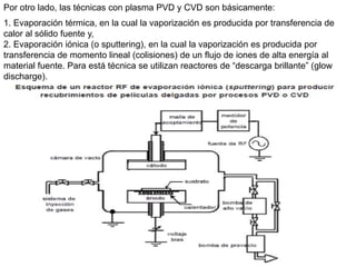 Por otro lado, las técnicas con plasma PVD y CVD son básicamente:
1. Evaporación térmica, en la cual la vaporización es producida por transferencia de
calor al sólido fuente y,
2. Evaporación iónica (o sputtering), en la cual la vaporización es producida por
transferencia de momento lineal (colisiones) de un flujo de iones de alta energía al
material fuente. Para está técnica se utilizan reactores de “descarga brillante” (glow
discharge).
 