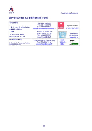 Répertoire professionnel
23
Services Aides aux Entreprises (suite)
SYNERGIE
142 Avenue de la Libération
86000 POITIERS
Sandrine CURIEN
Tél : 0549 52 80 78
Fax : 0549 52 68 27
Poitiers.responsable@synergie.fr
agence intérim
www.synergie.fr
TRIBU
29 Rue Louis Merine
86130 JAUNAY-CLAN
Michelle GUERINEAU
Port : 06 85 51 97 85
Tél : 05 49 88 06 95
mguerineau@tribu.fr
Intelligence
économique
www.tribu.fr
V CONSEIL QSE
2 Rue de la Fontaine d’Adam
86200 LOUDUN
Virginie BONENFANT-GIRON
Port : 05 49 98 75 90
vconseil-qse@orange.fr
www.
vconseil-
qse.fr
 