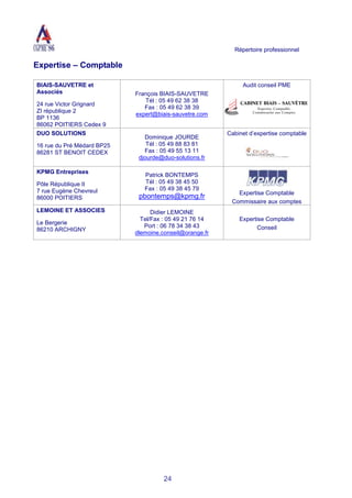 Répertoire professionnel
24
Expertise – Comptable
BIAIS-SAUVETRE et
Associés
24 rue Victor Grignard
ZI république 2
BP 1136
86062 POITIERS Cedex 9
François BIAIS-SAUVETRE
Tél : 05 49 62 38 38
Fax : 05 49 62 38 39
expert@biais-sauvetre.com
Audit conseil PME
DUO SOLUTIONS
16 rue du Pré Médard BP25
86281 ST BENOIT CEDEX
Dominique JOURDE
Tél : 05 49 88 83 81
Fax : 05 49 55 13 11
djourde@duo-solutions.fr
Cabinet d’expertise comptable
KPMG Entreprises
Pôle République II
7 rue Eugène Chevreul
86000 POITIERS
Patrick BONTEMPS
Tél : 05 49 38 45 50
Fax : 05 49 38 45 79
pbontemps@kpmg.fr Expertise Comptable
Commissaire aux comptes
LEMOINE ET ASSOCIES
Le Bergerie
86210 ARCHIGNY
Didier LEMOINE
Tel/Fax : 05 49 21 76 14
Port : 06 78 34 38 43
dlemoine.conseil@orange.fr
Expertise Comptable
Conseil
 