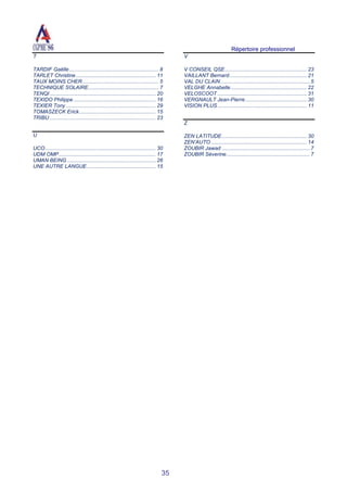 Répertoire professionnel
35
T
TARDIF Gaëlle............................................................. 8
TARLET Christine ...................................................... 11
TAUX MOINS CHER.................................................... 5
TECHNIQUE SOLAIRE................................................ 7
TENQI ........................................................................ 20
TEXIDO Philippe........................................................ 16
TEXIER Tony ............................................................. 29
TOMASZECK Erick.................................................... 15
TRIBU ........................................................................ 23
U
UCO ........................................................................... 30
UDM OMP.................................................................. 17
UMAN BEING ............................................................ 26
UNE AUTRE LANGUE............................................... 15
V
V CONSEIL QSE........................................................ 23
VAILLANT Bernard..................................................... 21
VAL DU CLAIN.............................................................5
VELGHE Annabelle.................................................... 22
VELOSCOOT ............................................................. 31
VERGNAULT Jean-Pierre.......................................... 30
VISION PLUS............................................................. 11
Z
ZEN LATITUDE.......................................................... 30
ZEN’AUTO ................................................................. 14
ZOUBIR Jawad ............................................................7
ZOUBIR Séverine.........................................................7
 