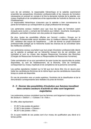 - 121 -
Lors de cet entretien, le responsable hiérarchique et la salariée examineront
ensemble les perspectives d’évolution professionnelle et les mesures de formation
nécessaires en prenant en compte à la fois la demande motivée de la salariée, son
niveau d’aptitude et de compétences et les opportunités de l’activité du Service ou de
l’Etablissement.
Le responsable hiérarchique s’assurera que la salariée a bien connaissance du
panel de formations qui correspondent au projet professionnel envisagé.
Les partenaires sociaux insistent pour que tous les types de formation soient
évoqués sans à priori, y compris les formations aux métiers : boucherie, boulangerie,
pâtisserie, permettant d’évoluer vers des postes de responsables.
De plus, toutes les possibilités offertes par l’accord « cadre » Groupe sur la
Formation Professionnelle seront étudiées avec la meilleure attention (utilisation du
DIF, validation des acquis de l’expérience, …) afin de donner au projet d’évolution
professionnelle partagé par la hiérarchie toutes les chances de se concrétiser dans
les meilleures conditions.
Les partenaires sociaux souhaitent que tout projet d’évolution professionnelle désiré
par la salariée et partagé par sa hiérarchie évoqué lors de cet entretien, soit
centralisé et suivi au niveau des équipes Ressources Humaines des Branches
(Chargés de Ressources Humaines ou Responsables de Ressources Humaines).
Cette centralisation et ce suivi permettront de saisir toutes les opportunités de postes
disponibles, au sein de l’établissement, de la Branche, voire de l’entreprise,
correspondant au niveau d’aptitude et de compétence de la personne concernée.
Les parties signataires insistent sur le fait que tout devra être mis en œuvre pour
traiter les candidatures féminines de la même façon que les candidatures masculines
lorsqu’un poste est disponible.
En cas de promotion vers un poste supérieur, l’évolution de la classification et de la
rémunération correspondante sera réalisée à la prise de fonction.
8 - 2 : Donner des possibilités d’évolution aux femmes travaillant
dans certains secteurs d’activité où elles sont largement
majoritaires
Les partenaires sociaux constatent que les femmes sont largement majoritaires dans
les secteurs « Gestion », « Caisses » et « Ilots ».
En effet, elles représentent :
- 91,85 % des postes de gestion
- 91,86 % des postes « Caisses »
- 86,35 % des postes « Ilots ».
Or, la quasi totalité de ces postes sont d’un niveau de qualification peu élevé et à
temps partiel.
 