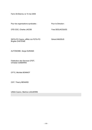 - 180 -
Fait à St-Etienne, le 15 mai 2009
Pour les organisations syndicales : Pour la Direction :
CFE-CGC, Charles JACOB Yves DESJACQUES
SNTA-FO Casino, affilié à la FGTA-FO Gérard MASSUS
Brigitte CHATENIE
AUTONOME, Serge DURAND
Fédération des Services CFDT,
Christian GAMARRA
CFTC, Michèle BONNOT
CGT, Thierry MENARD
UNSA Casino, Martine LAGUERRE
 