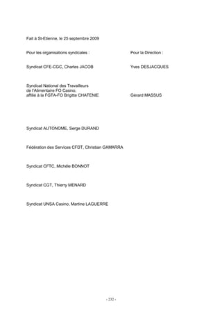 - 232 -
Fait à St-Etienne, le 25 septembre 2009
Pour les organisations syndicales : Pour la Direction :
Syndicat CFE-CGC, Charles JACOB Yves DESJACQUES
Syndicat National des Travailleurs
de l’Alimentaire FO Casino,
affilié à la FGTA-FO Brigitte CHATENIE Gérard MASSUS
Syndicat AUTONOME, Serge DURAND
Fédération des Services CFDT, Christian GAMARRA
Syndicat CFTC, Michèle BONNOT
Syndicat CGT, Thierry MENARD
Syndicat UNSA Casino, Martine LAGUERRE
 