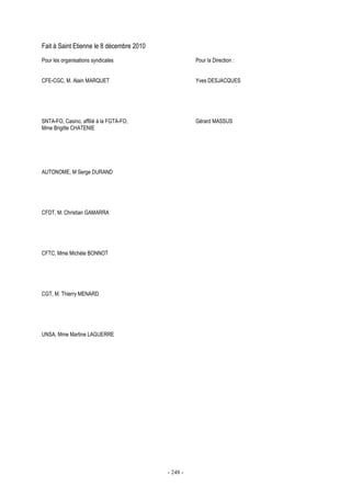 - 248 -
Fait à Saint Etienne le 8 décembre 2010
Pour les organisations syndicales Pour la Direction :
CFE-CGC, M. Alain MARQUET Yves DESJACQUES
SNTA-FO, Casino, affilié à la FGTA-FO, Gérard MASSUS
Mme Brigitte CHATENIE
AUTONOME, M Serge DURAND
CFDT, M. Christian GAMARRA
CFTC, Mme Michèle BONNOT
CGT, M. Thierry MENARD
UNSA, Mme Martine LAGUERRE
 