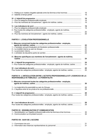 - 258 -
1 – Politique en matière d’égalité salariale entre les femmes et les hommes .............................. 18
2 – Salariés à temps partiel .......................................................................................................... 18
IV – L’objectif de progression ................................................................................................... 19
1 – Pour la catégorie professionnelle employés ........................................................................... 19
2 – Pour les membres de l’encadrement : agents de maîtrise, cadres......................................... 19
V – Les indicateurs de suivi ....................................................................................................... 19
1 – Pour la catégorie professionnelle employés ........................................................................... 19
2 - Pour toutes les catégories professionnelles : employés, agents de maîtrise,
Cadres .................................................................................................................................... 20
3 – Pour les membres de l’encadrement : agents de maîtrise, cadres......................................... 20
PARTIE V : L’EVOLUTION PROFESSIONNELLE
I – Mesures concernant toutes les catégories professionnelles : employés,
agents de maîtrise, cadres .................................................................................................... 22
1 – L’entretien annuel d’évaluation et d’évolution professionnelle................................................ 22
2 – La mobilité interne au sein du Groupe .................................................................................... 22
3 – La promotion interne................................................................................................................ 23
4 – L’entretien de deuxième partie de carrière.............................................................................. 23
II – Mesures spécifiques aux membres de l’encadrement : agents de maîtrise,
Cadres .................................................................................................................................... 24
III – L’objectif de progression..................................................................................................... 24
1 - Pour toutes les catégories professionnelles : employés, agents de maîtrise, cadres ............. 24
IV – Les indicateurs de suivi ...................................................................................................... 25
Pour toutes les catégories professionnelles : employés, agents de maîtrise, cadres................... 25
PARTIE VI : L’ARTICULATION ENTRE L’ACTIVITE PROFESSIONNELLE ET L’EXERCICE DE LA
RESPONSABILILTE FAMILIALE : LA PARENTALITE
I – Mesures concernant toutes les catégories professionnelles : employés,
agents de maîtrise, cadres .................................................................................................... 26
1 – La maternité et la parentalité au sein du Groupe .................................................................... 26
2 – L’équilibre entre la vie privée et la vie professionnelle............................................................ 28
II – L’objectif de progression...................................................................................................... 29
Pour toutes les catégories professionnelles : employés, agents de maîtrise, cadres................... 29
III – Les indicateurs de suivi....................................................................................................... 29
Pour toutes les catégories professionnelles : employés, agents de maîtrise, cadres................... 29
PARTIE VII : SENSIBILISATION ET COMMUNICATION
1 – Sensibilisation sur l’égalité professionnelle entre les femmes et les hommes........................ 30
2 – Communication sur le présent accord..................................................................................... 30
PARTIE VIII : SUIVI DE L’ACCORD
1 – Commission de suivi................................................................................................................ 31
2 – Information des instances représentatives du personnel........................................................ 31
 