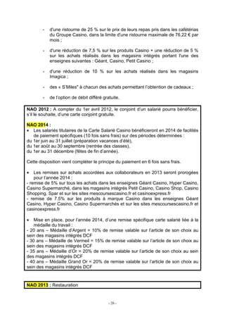 - 26 -
- d'une ristourne de 25 % sur le prix de leurs repas pris dans les cafétérias
du Groupe Casino, dans la limite d'une ristourne maximale de 76,22 € par
mois ;
- d'une réduction de 7,5 % sur les produits Casino + une réduction de 5 %
sur les achats réalisés dans les magasins intégrés portant l'une des
enseignes suivantes : Géant, Casino, Petit Casino ;
- d'une réduction de 10 % sur les achats réalisés dans les magasins
Imagica ;
- des « S’Miles" à chacun des achats permettant l’obtention de cadeaux ;
- de l’option de débit différé gratuite.
NAO 2012 : A compter du 1er avril 2012, le conjoint d’un salarié pourra bénéficier,
s’il le souhaite, d’une carte conjoint gratuite.
NAO 2014 :
• Les salariés titulaires de la Carte Salarié Casino bénéficieront en 2014 de facilités
de paiement spécifiques (10 fois sans frais) sur des périodes déterminées :
du 1er juin au 31 juillet (préparation vacances d’été),
du 1er août au 30 septembre (rentrée des classes),
du 1er au 31 décembre (fêtes de fin d’année).
Cette disposition vient compléter le principe du paiement en 6 fois sans frais.
• Les remises sur achats accordées aux collaborateurs en 2013 seront prorogées
pour l’année 2014 :
- remise de 5% sur tous les achats dans les enseignes Géant Casino, Hyper Casino,
Casino Supermarché, dans les magasins intégrés Petit Casino, Casino Shop, Casino
Shopping, Spar et sur les sites mescoursescasino.fr et casinoexpress.fr
- remise de 7.5% sur les produits à marque Casino dans les enseignes Géant
Casino, Hyper Casino, Casino Supermarchés et sur les sites mescoursescasino.fr et
casinoexpress.fr
• Mise en place, pour l’année 2014, d’une remise spécifique carte salarié liée à la
médaille du travail :
- 20 ans – Médaille d’Argent = 10% de remise valable sur l’article de son choix au
sein des magasins intégrés DCF
- 30 ans – Médaille de Vermeil = 15% de remise valable sur l’article de son choix au
sein des magasins intégrés DCF
- 35 ans – Médaille d’Or = 20% de remise valable sur l’article de son choix au sein
des magasins intégrés DCF
- 40 ans – Médaille Grand Or = 20% de remise valable sur l’article de son choix au
sein des magasins intégrés DCF
NAO 2013 : Restauration
 