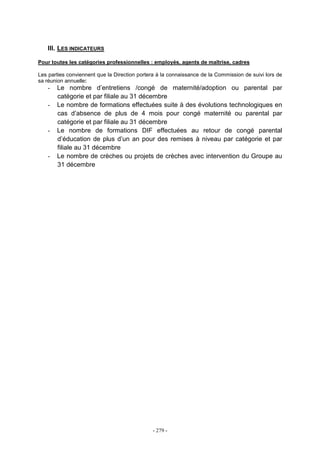 - 279 -
III. LES INDICATEURS
Pour toutes les catégories professionnelles : employés, agents de maîtrise, cadres
Les parties conviennent que la Direction portera à la connaissance de la Commission de suivi lors de
sa réunion annuelle:
- Le nombre d’entretiens /congé de maternité/adoption ou parental par
catégorie et par filiale au 31 décembre
- Le nombre de formations effectuées suite à des évolutions technologiques en
cas d’absence de plus de 4 mois pour congé maternité ou parental par
catégorie et par filiale au 31 décembre
- Le nombre de formations DIF effectuées au retour de congé parental
d’éducation de plus d’un an pour des remises à niveau par catégorie et par
filiale au 31 décembre
- Le nombre de crèches ou projets de crèches avec intervention du Groupe au
31 décembre
 