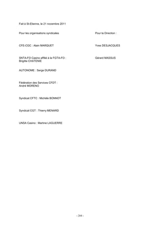 - 284 -
Fait à St-Etienne, le 21 novembre 2011
Pour les organisations syndicales Pour la Direction :
CFE-CGC : Alain MARQUET Yves DESJACQUES
SNTA-FO Casino affilié à la FGTA-FO : Gérard MASSUS
Brigitte CHATENIE
AUTONOME : Serge DURAND
Fédération des Services CFDT :
André MORENO
Syndicat CFTC : Michèle BONNOT
Syndicat CGT : Thierry MENARD
UNSA Casino : Martine LAGUERRE
 