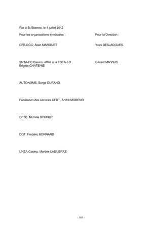 - 303 -
Fait à St-Etienne, le 4 juillet 2012
Pour les organisations syndicales : Pour la Direction :
CFE-CGC, Alain MARQUET Yves DESJACQUES
SNTA-FO Casino, affilié à la FGTA-FO Gérard MASSUS
Brigitte CHATENIE
AUTONOME, Serge DURAND
Fédération des services CFDT, André MORENO
CFTC, Michèle BONNOT
CGT, Frédéric BONNARD
UNSA Casino, Martine LAGUERRE
 