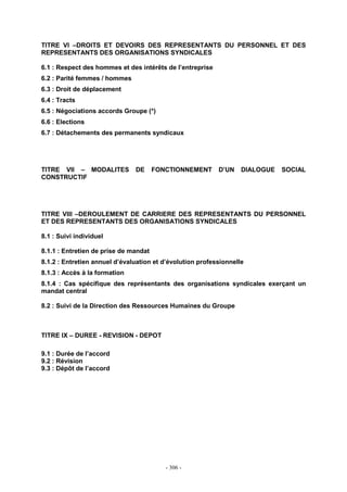 - 306 -
TITRE VI –DROITS ET DEVOIRS DES REPRESENTANTS DU PERSONNEL ET DES
REPRESENTANTS DES ORGANISATIONS SYNDICALES
6.1 : Respect des hommes et des intérêts de l’entreprise
6.2 : Parité femmes / hommes
6.3 : Droit de déplacement
6.4 : Tracts
6.5 : Négociations accords Groupe (*)
6.6 : Elections
6.7 : Détachements des permanents syndicaux
TITRE VII – MODALITES DE FONCTIONNEMENT D’UN DIALOGUE SOCIAL
CONSTRUCTIF
TITRE VIII –DEROULEMENT DE CARRIERE DES REPRESENTANTS DU PERSONNEL
ET DES REPRESENTANTS DES ORGANISATIONS SYNDICALES
8.1 : Suivi individuel
8.1.1 : Entretien de prise de mandat
8.1.2 : Entretien annuel d’évaluation et d’évolution professionnelle
8.1.3 : Accès à la formation
8.1.4 : Cas spécifique des représentants des organisations syndicales exerçant un
mandat central
8.2 : Suivi de la Direction des Ressources Humaines du Groupe
TITRE IX – DUREE - REVISION - DEPOT
9.1 : Durée de l’accord
9.2 : Révision
9.3 : Dépôt de l’accord
 