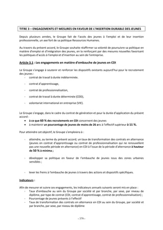 - 379 -
TITRE 3 – ENGAGEMENTS ET MESURES EN FAVEUR DE L’INSERTION DURABLE DES JEUNES
Depuis plusieurs années, le Groupe fait de l’accès des jeunes à l’emploi et de leur insertion
professionnelle, un axe fort de sa politique Ressources Humaines.
Au travers du présent accord, le Groupe souhaite réaffirmer sa volonté de poursuivre sa politique en
matière d’emploi et d’intégration des jeunes, en la renforçant par des mesures nouvelles favorisant
les politiques d’accès à l’emploi et d’insertion au sein de l’entreprise.
Article 3.1 : Les engagements en matière d’embauche de jeunes en CDI
Le Groupe s’engage à soutenir et renforcer les dispositifs existants aujourd’hui pour le recrutement
des jeunes :
- contrat de travail à durée indéterminée.
- contrat d’apprentissage,
- contrat de professionnalisation,
- contrat de travail à durée déterminée (CDD),
- volontariat international en entreprise (VIE).
Le Groupe s’engage, dans le cadre du contrat de génération et pour la durée d’application du présent
accord :
• à ce que 60 % des recrutements en CDI concernent des jeunes
• à maintenir un pourcentage de jeunes de moins de 26 ans à l’effectif supérieur à 11 %.
Pour atteindre cet objectif, le Groupe s’emploiera à :
- atteindre, au terme du présent accord, un taux de transformation des contrats en alternance
(jeunes en contrat d’apprentissage ou contrat de professionnalisation qui ne renouvellent
pas une nouvelle période en alternance) en CDI à l’issue de la période d’alternance à hauteur
de 50 % à minima ;
- développer sa politique en faveur de l’embauche de jeunes issus des zones urbaines
sensibles ;
- lever les freins à l’embauche de jeunes à travers des actions et dispositifs spécifiques.
Indicateurs :
Afin de mesurer et suivre ces engagements, les indicateurs annuels suivants seront mis en place :
- Taux d’embauche au sein du Groupe par société et par branche, par sexe, par niveau de
diplôme, par type de contrat (CDI, contrat d’apprentissage, contrat de professionnalisation) ;
- Pourcentage de jeunes présents à l’effectif
- Taux de transformation des contrats en alternance en CDI au sein du Groupe, par société et
par branche, par sexe, par niveau de diplôme
 