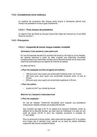 - 38 -
1-5.2 - Compléments soins médicaux
Le système de couverture des risques santé propre à l'entreprise prévoit trois
niveaux de prestations et deux types d'adhérents :
1-5.2.1 - Trois niveaux de prestations
Le régime Frais de Santé du Groupe Casino fait l’objet de l’avenant du 5 mai 2008
repris en annexe 7.
1-5.3 - Prévoyance
1-5.3.1 - Incapacité de travail, longue maladie, invalidité
VERSEMENT D'UNE INDEMNITE COMPLEMENTAIRE
En cas d'incapacité résultat d'un accident de travail ou de trajet ou d'une maladie,
les salariés reçoivent à partir du délai ci-après une indemnité d'invalidité
complémentaire aux indemnités versées par la Sécurité Sociale (et de toute autre
indemnité éventuelle pour les agents de maîtrise et cadres).
Ce délai est fixé à :
Pour les employés-ouvriers et agents de maîtrise :
- 180 jours pour ceux ayant une ancienneté comprise entre 1 et 10 ans,
- 360 jours pour ceux ayant une ancienneté comprise entre 10 ans et
25 ans,
- 540 jours pour ceux ayant une ancienneté supérieure à 25 ans.
Pour les cadres :
- à partir du 541e
jour d'arrêt de travail.
MONTANT DE L'INDEMNITE COMPLEMENTAIRE
Pour les employés :
En cas de maladie, l'indemnité d'invalidité vient s'ajouter aux prestations
d'assurance maladie versées par la Sécurité Sociale.
Son montant est égal à 25 % du salaire brut mensuel forfaitaire, limité au
plafond de la Sécurité Sociale, qui était celui de l'intéressé à la date de son
arrêt de travail (27,50 % pour les maladies survenant à compter du
1er
avril 2008).
Pour le personnel à temps partiel, cette indemnité est égale à 25 % du salaire
brut moyen des 6 derniers mois, calculé sur la base du salaire forfaitaire
augmenté des heures complémentaires.
 