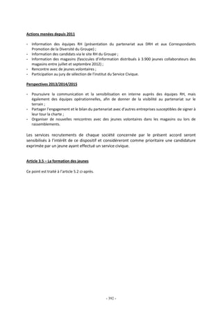 - 392 -
Actions menées depuis 2011
- Information des équipes RH (présentation du partenariat aux DRH et aux Correspondants
Promotion de la Diversité du Groupe) ;
- Information des candidats via le site RH du Groupe ;
- Information des magasins (fascicules d’information distribués à 3.900 jeunes collaborateurs des
magasins entre juillet et septembre 2012) ;
- Rencontre avec de jeunes volontaires ;
- Participation au jury de sélection de l’institut du Service Civique.
Perspectives 2013/2014/2015
- Poursuivre la communication et la sensibilisation en interne auprès des équipes RH, mais
également des équipes opérationnelles, afin de donner de la visibilité au partenariat sur le
terrain ;
- Partager l’engagement et le bilan du partenariat avec d’autres entreprises susceptibles de signer à
leur tour la charte ;
- Organiser de nouvelles rencontres avec des jeunes volontaires dans les magasins ou lors de
rassemblements.
Les services recrutements de chaque société concernée par le présent accord seront
sensibilisés à l’intérêt de ce dispositif et considéreront comme prioritaire une candidature
exprimée par un jeune ayant effectué un service civique.
Article 3.5 – La formation des jeunes
Ce point est traité à l’article 5.2 ci-après.
 