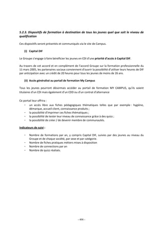 - 406 -
5.2.3. Dispositifs de formation à destination de tous les jeunes quel que soit le niveau de
qualification
Ces dispositifs seront présentés et communiqués via le site de Campus.
(i) Capital DIF
Le Groupe s’engage à faire bénéficier les jeunes en CDI d’une priorité d’accès à Capital DIF.
Au travers de cet accord et en complément de l’accord Groupe sur la formation professionnelle du
11 mars 2005, les partenaires sociaux conviennent d’ouvrir la possibilité d’utiliser leurs heures de DIF
par anticipation avec un crédit de 20 heures pour tous les jeunes de moins de 26 ans.
(ii) Accès généralisé au portail de formation My Campus
Tous les jeunes pourront désormais accéder au portail de formation MY CAMPUS, qu’ils soient
titulaires d’un CDI mais également d’un CDD ou d’un contrat d’alternance
Ce portail leur offrira :
- un accès libre aux fiches pédagogiques thématiques telles que par exemple : hygiène,
démarque, accueil client, connaissance produits ;
- la possibilité d’imprimer ces fiches thématiques ;
- la possibilité de tester leur niveau de connaissance grâce à des quizz ;
- la possibilité de créer / de devenir membre de communautés.
Indicateurs de suivi :
- Nombre de formations par an, y compris Capital DIF, suivies par des jeunes au niveau du
Groupe et de chaque société, par sexe et par catégorie.
- Nombre de fiches pratiques métiers mises à disposition
- Nombre de connections par an
- Nombre de quizz réalisés.
 